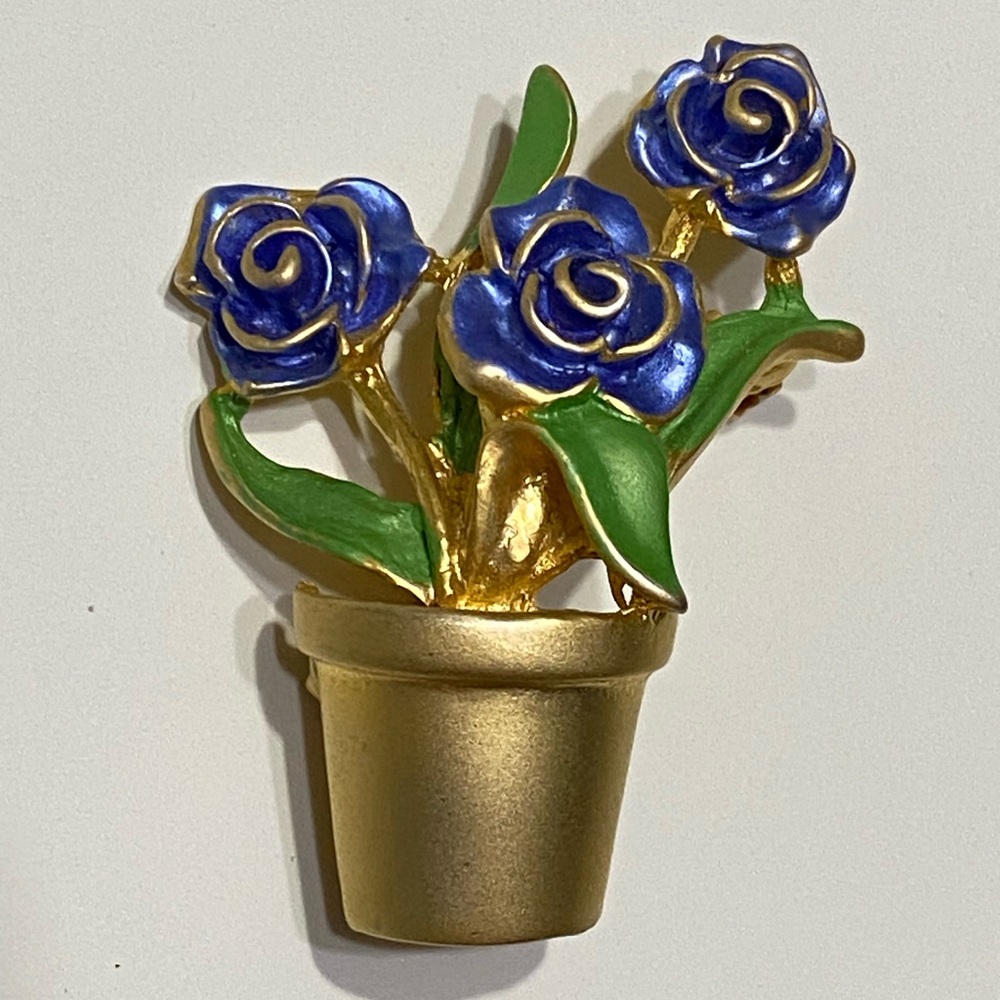Jo-Jo Brooch Matte Gold Tone Blue Enamel Rose Flower Pot